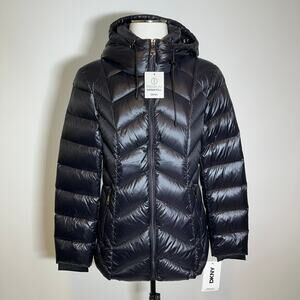 NWD DKNY Black Puffer Down Zip Up Jacket Coat Hooded Weightless Womens Small S